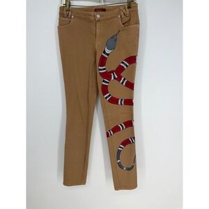 Barbara Lesser Pants Womens 4‎ Tan Snake Graphic Print Slim Stretch Edgy Indie